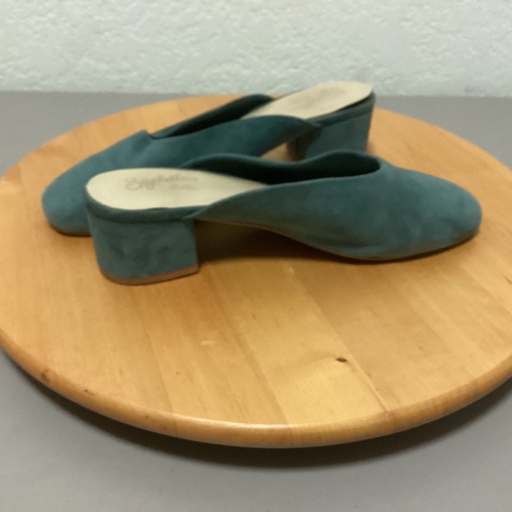 Seychelles Mules Women 7 Teal Blue Suede Block Heel Slip On Almond Toe Shoes